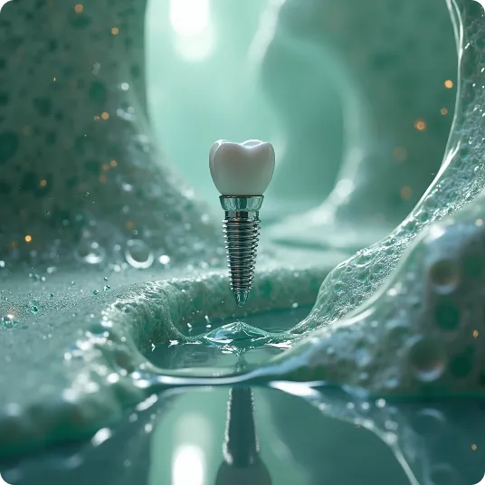 Dental implant floating in a soft, foam-like environment.