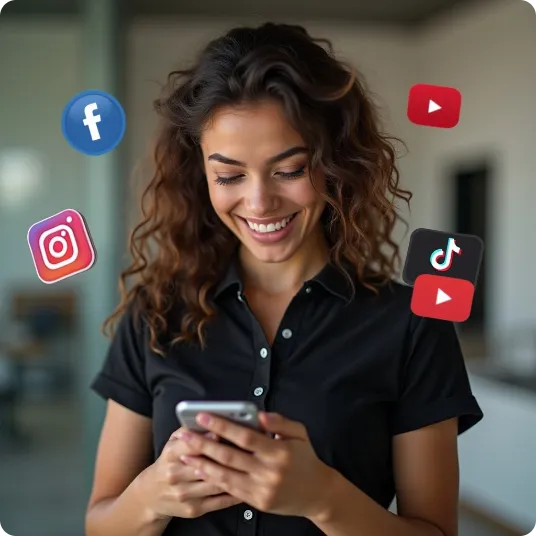 Woman using her smartphone with social media logos surrounding her.