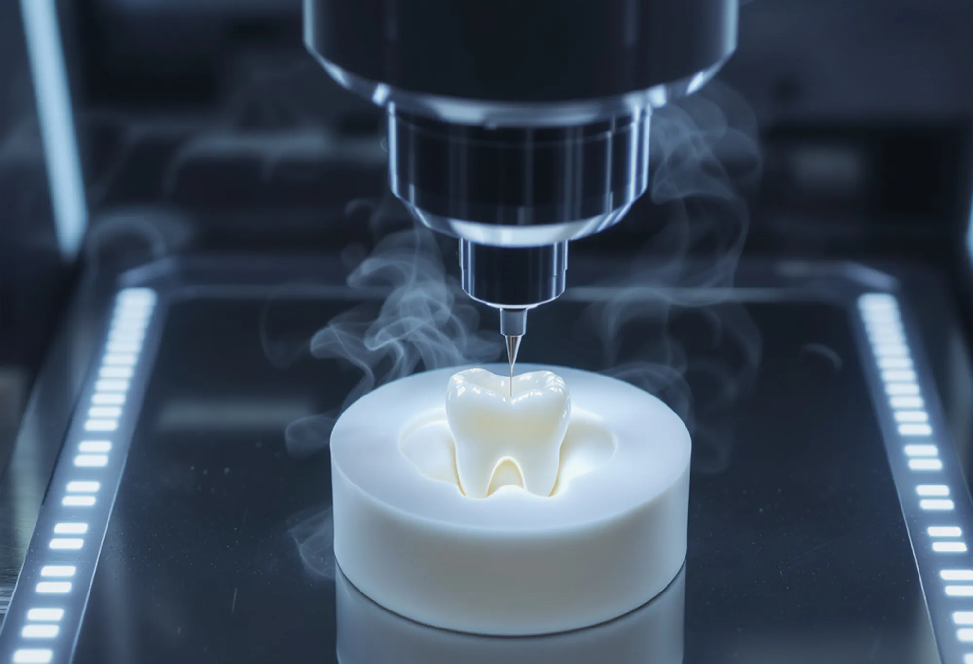 Futuristic machine fabricating a tooth.