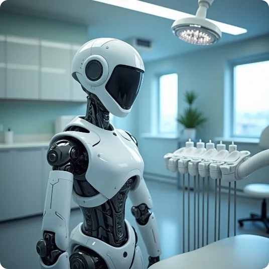 A 3D illustration of a robot at the dental treatment room.