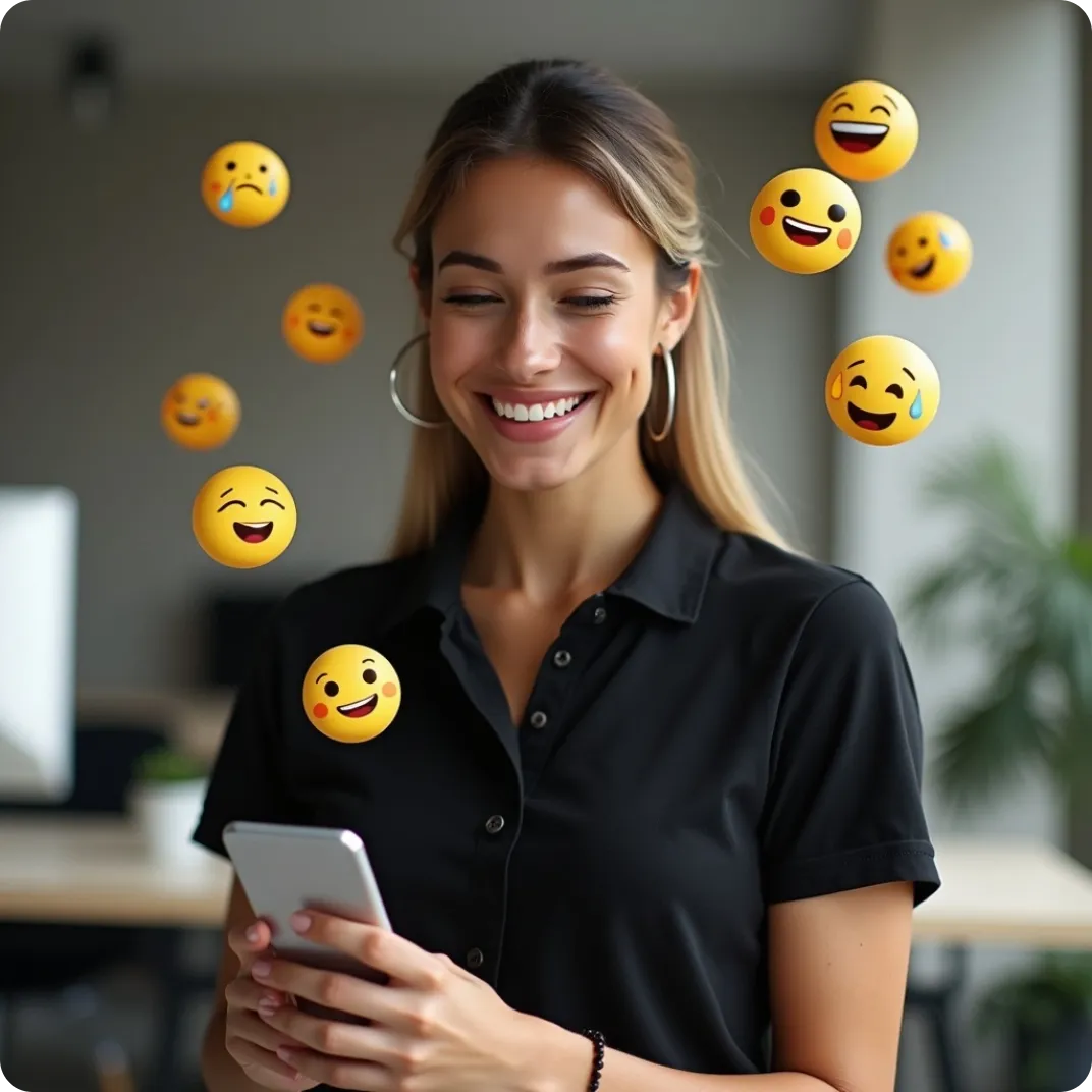 Woman laughing while using her smartphone, with laughing emojis around her.