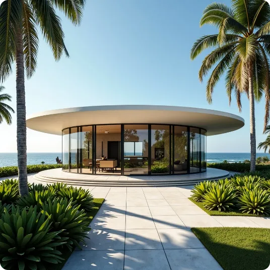 Luxury round building situated in a tropical environment.